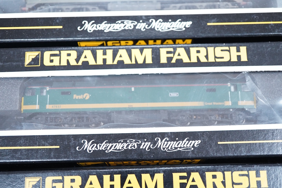 Three boxed Graham Farish N gauge railway Class 47 Co-Co diesel-electric locomotives; a First Great Western, 47832 (371226), a BR, D1505 (371-231), and a Fragonset Railways, Waverley 47701 (371227).